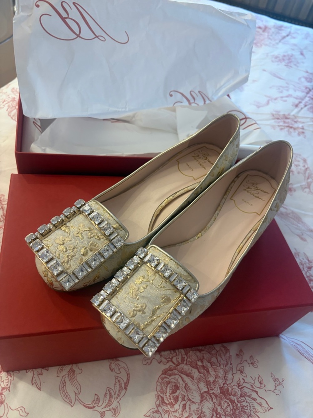 Embellished Gold Brocade Women's Flats by Roger Vivier